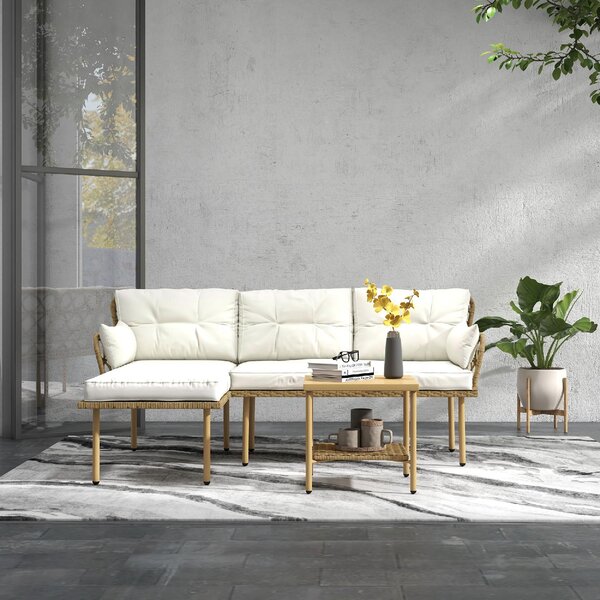 VivaGarden Salotto da Giardino con Chaise Longue Divanetto Cuscini e Tavolino in Rattan e Acciaio colore Bianco Crema e Legno
