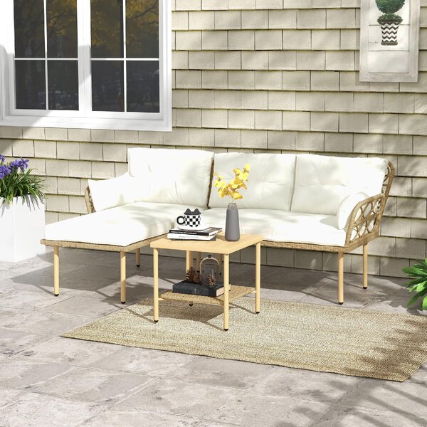 VivaGarden Salotto da Giardino con Chaise Longue Divanetto Cuscini e Tavolino in Rattan e Acciaio colore Bianco Crema e Legno