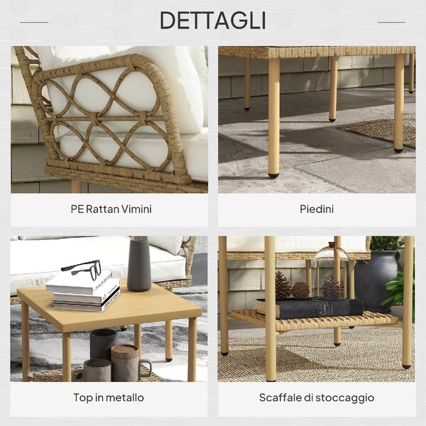 VivaGarden Salotto da Giardino con Chaise Longue Divanetto Cuscini e Tavolino in Rattan e Acciaio colore Bianco Crema e Legno