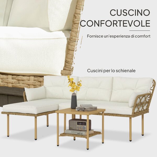 VivaGarden Salotto da Giardino con Chaise Longue Divanetto Cuscini e Tavolino in Rattan e Acciaio colore Bianco Crema e Legno