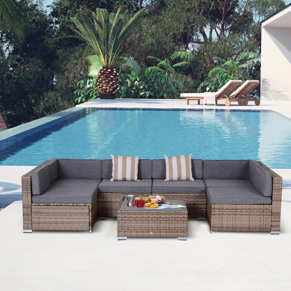 VivaGarden Salotto da Giardino con 6 Poltrone e Tavolino con Cuscini in Rattan colore Grigio