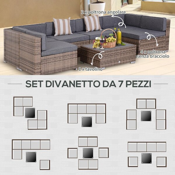 VivaGarden Salotto da Giardino con 6 Poltrone e Tavolino con Cuscini in Rattan colore Grigio