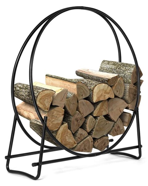 Costway Scaffale per legna da camino Portalegna rotondo in ferro da casa e esterno 95x33x102cm Nero