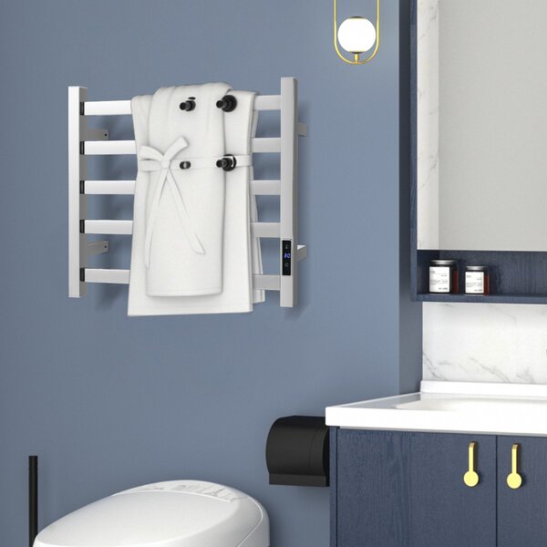 Costway Portasciugamani plug-in a parete con timer controllo di temperatura, Portasciugamani riscaldato a 5 barre Argento