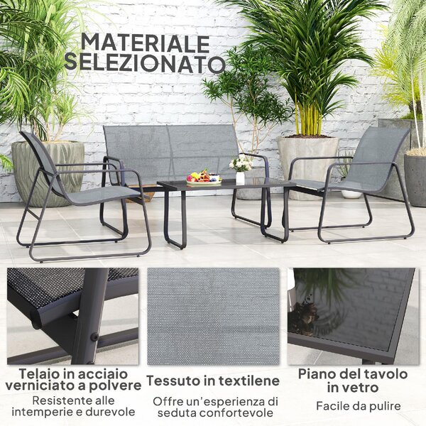 VivaGarden Salotto da Giardino con Divanetto 2 Posti 2 Sedie e Tavolino in Metallo e Texteline colore Grigio Chiaro