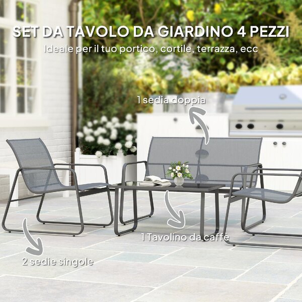 VivaGarden Salotto da Giardino con Divanetto 2 Posti 2 Sedie e Tavolino in Metallo e Texteline colore Grigio Chiaro