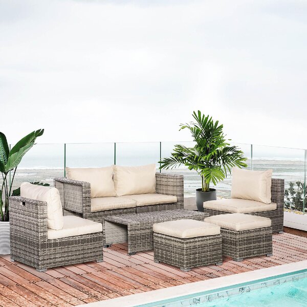 VivaGarden Salotto da Giardino con Divano 2 Posti 2 Poltrone 2 Pouf e Tavolino con Cuscini in Rattan PE colore Beige