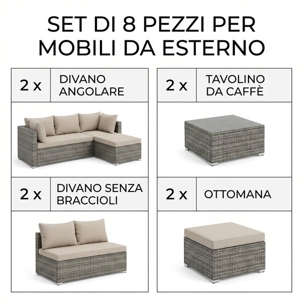VivaGarden Salotto da Giardino con Divano 2 Posti 2 Poltrone 2 Pouf e Tavolino con Cuscini in Rattan PE colore Beige