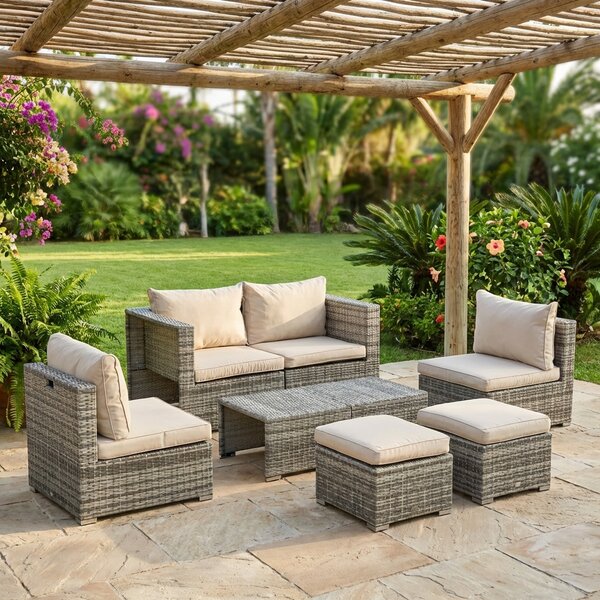 VivaGarden Salotto da Giardino con Divano 2 Posti 2 Poltrone 2 Pouf e Tavolino con Cuscini in Rattan PE colore Beige
