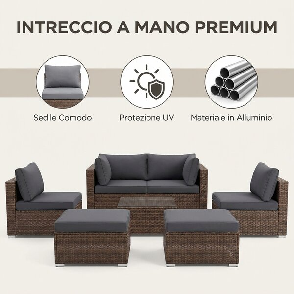 VivaGarden Salotto da Giardino con Divano 2 Posti 2 Poltrone 2 Pouf e Tavolino con Cuscini in Rattan PE colore Grigio