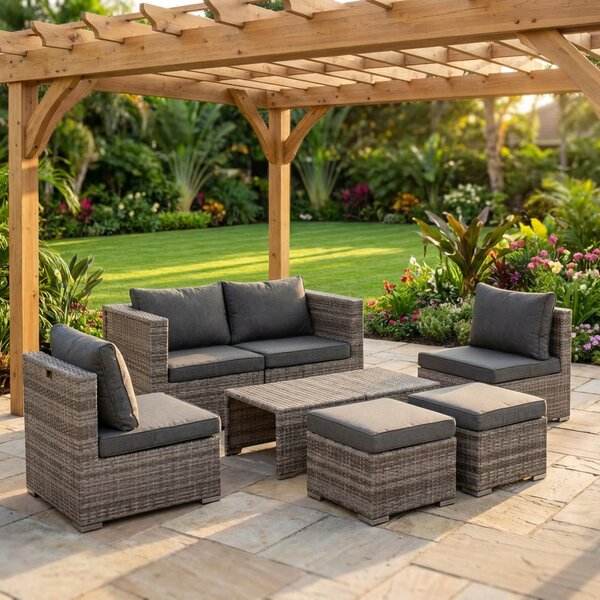 VivaGarden Salotto da Giardino con Divano 2 Posti 2 Poltrone 2 Pouf e Tavolino con Cuscini in Rattan PE colore Grigio