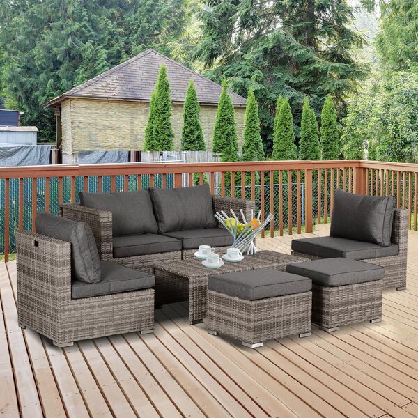 VivaGarden Salotto da Giardino con Divano 2 Posti 2 Poltrone 2 Pouf e Tavolino con Cuscini in Rattan PE colore Grigio