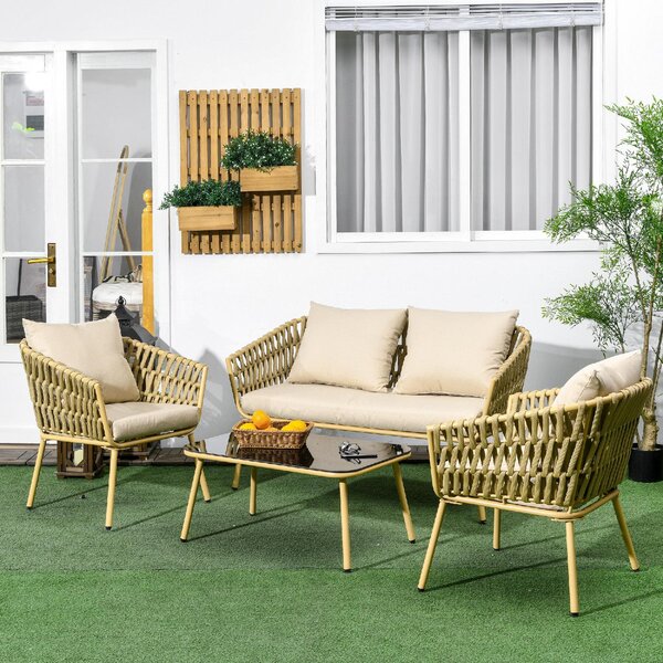 VivaGarden Salotto da Giardino con Divano 2 Posti 2 Poltrone e Tavolino con Cuscini in Acciaio colore Beige