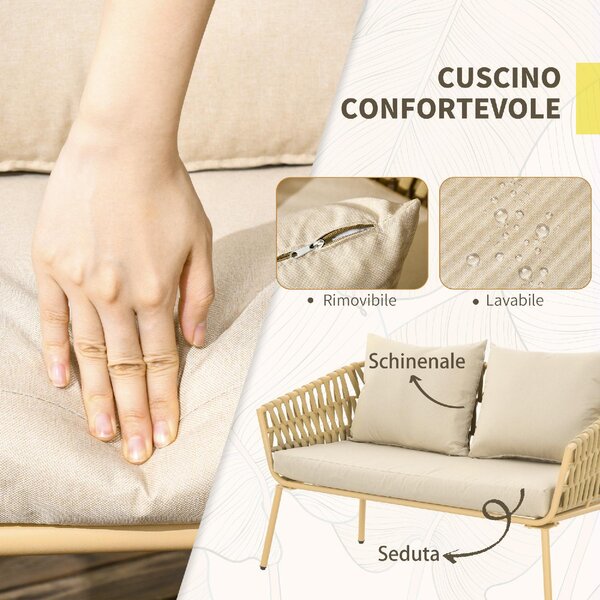 VivaGarden Salotto da Giardino con Divano 2 Posti 2 Poltrone e Tavolino con Cuscini in Acciaio colore Beige