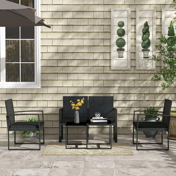 VivaGarden Salotto da Giardino con Divano 2 Posti 2 Poltrone e Tavolino con Cuscini in Acciaio/Plastica/Vetro colore Nero