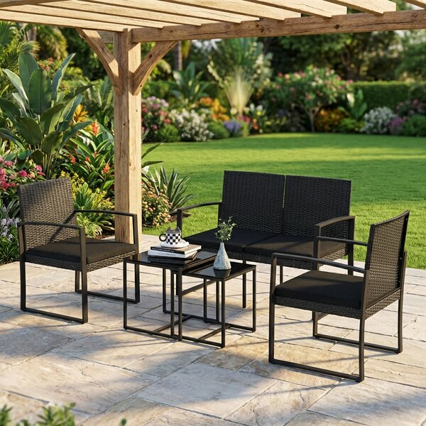 VivaGarden Salotto da Giardino con Divano 2 Posti 2 Poltrone e Tavolino con Cuscini in Acciaio/Plastica/Vetro colore Nero