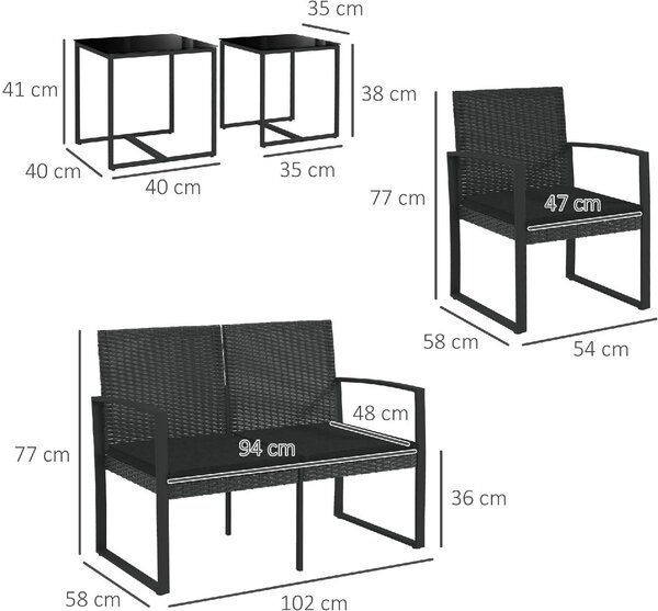 VivaGarden Salotto da Giardino con Divano 2 Posti 2 Poltrone e Tavolino con Cuscini in Acciaio/Plastica/Vetro colore Nero