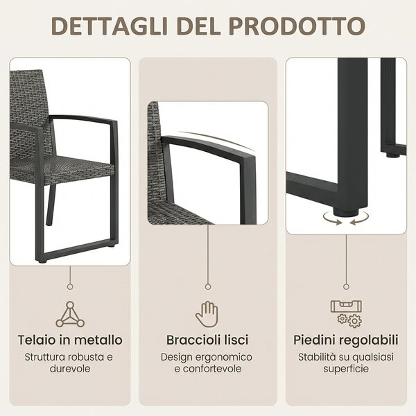 VivaGarden Salotto da Giardino con Divano 2 Posti 2 Poltrone e Tavolino con Cuscini in Acciaio/Plastica/Vetro colore Nero