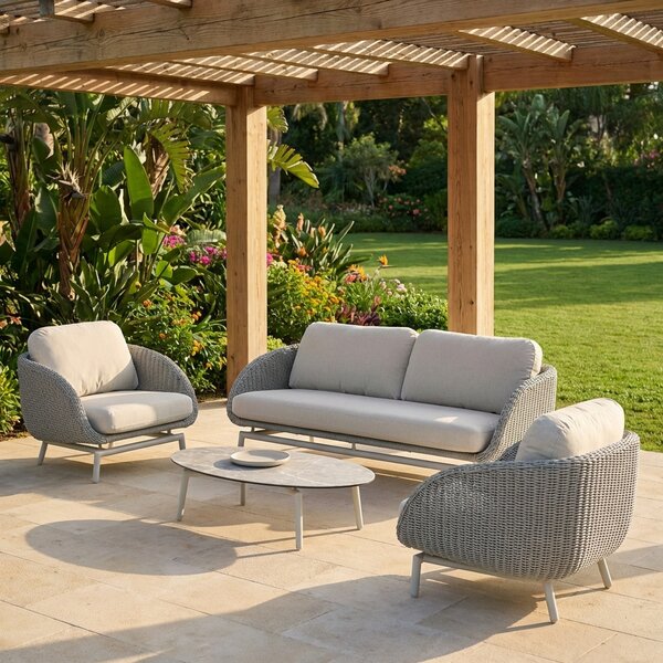 VivaGarden Salotto da Giardino con Divano 2 Posti 2 Poltrone e Tavolino con Cuscini in Alluminio colore Grigio Chiaro