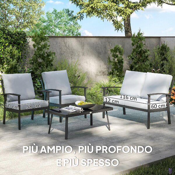 VivaGarden Salotto da Giardino con Divano 2 Posti 2 Poltrone e Tavolino con Cuscini in Alluminio e Fibra colore Grigio Carbone