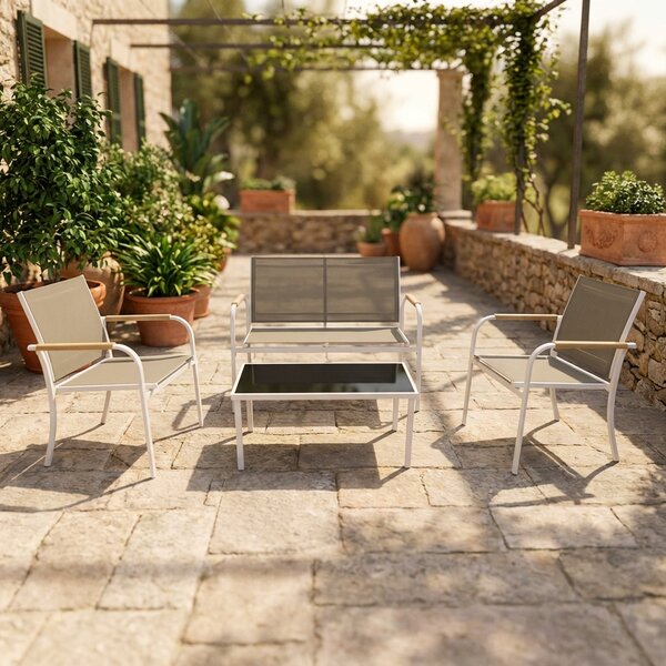 VivaGarden Salotto da Giardino con Divano 2 Posti 2 Poltrone e Tavolino con Cuscini in Acciaio/Textilene colore Bianco e Beige - Menton