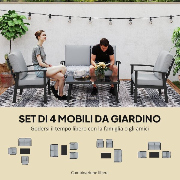 VivaGarden Salotto da Giardino con Divano 2 Posti 2 Poltrone e Tavolino con Cuscini in Alluminio e Fibra colore Grigio Carbone