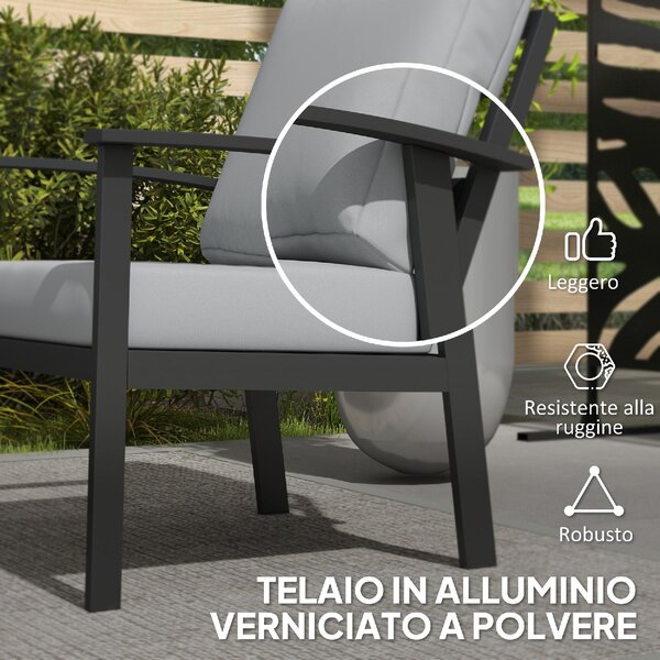 VivaGarden Salotto da Giardino con Divano 2 Posti 2 Poltrone e Tavolino con Cuscini in Alluminio e Fibra colore Grigio Carbone