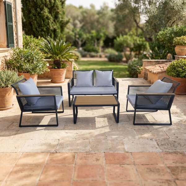 VivaGarden Salotto da Giardino con Divano 2 Posti 2 Poltrone e Tavolino con Cuscini in Acciaio/Polyrattan colore Nero - Gordes