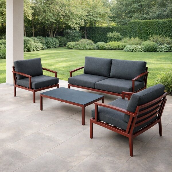 Amicasa Salotto da Giardino con Divano 2 Posti 2 Poltrone e Tavolino con Cuscini in Alluminio colore Rosso/Grigio - Set Giard 4