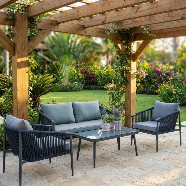 VivaGarden Salotto da Giardino con Divano 2 Posti 2 Poltrone e Tavolino con Cuscini in Alluminio colore Grigio Scuro - Phoenix