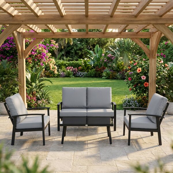 VivaGarden Salotto da Giardino con Divano 2 Posti 2 Poltrone e Tavolino con Cuscini in Alluminio e Fibra colore Grigio Carbone
