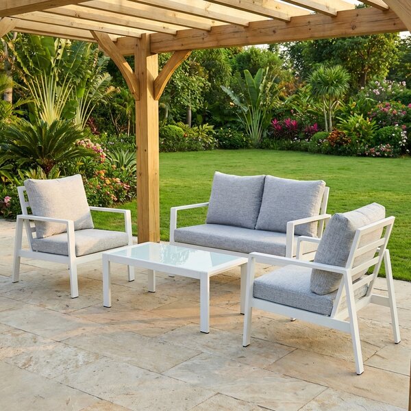 Amicasa Salotto da Giardino con Divano 2 Posti 2 Poltrone e Tavolino con Cuscini in Alluminio e Poliestere colore Bianco/Grigio - Star