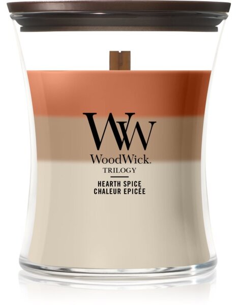 Woodwick Trilogy Hearth Spice candela profumata con stoppino in legno 275 g