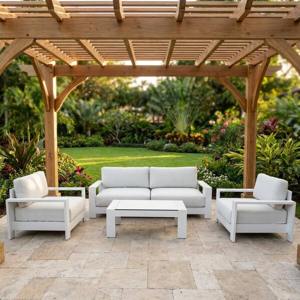 VivaGarden Salotto da Giardino con Divano 2 Posti 2 Poltrone e Tavolino con Cuscini in HPL e Alluminio colore Grigio e Bianco