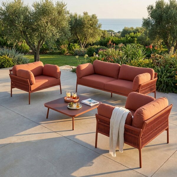 VivaGarden Salotto da Giardino con Divano 2 Posti 2 Poltrone e Tavolino con Cuscini in Allumino/Corda colore Rosso - Belm