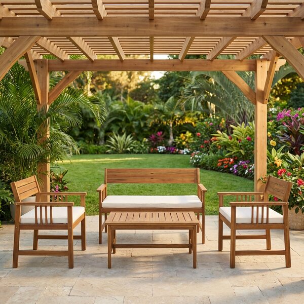 VivaGarden Salotto da Giardino con Divano 2 Posti 2 Poltrone e Tavolino con Cuscini in Legno di Acacia colore Marrone - Bali