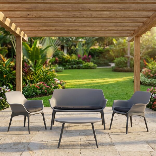 BICA Salotto da Giardino con Divano 2 Posti 2 Poltrone e Tavolino con Cuscini in Polipropilene colore Grigio - Luxor Lounge