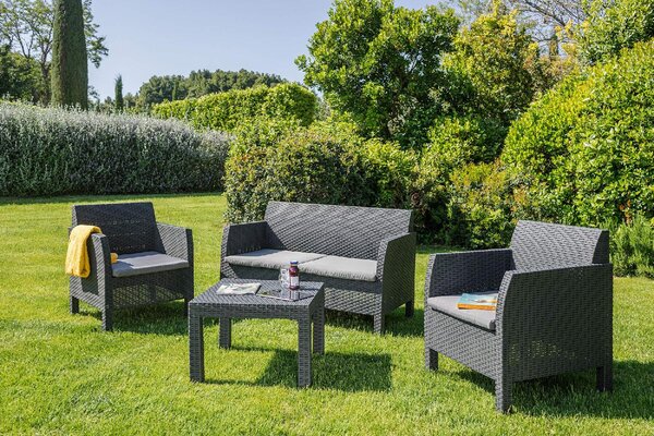 TOOMAX Salotto da Giardino con Divano 2 Posti 2 Poltrone e Tavolino con Cuscini in Rattan PE colore Antracite - Matilde