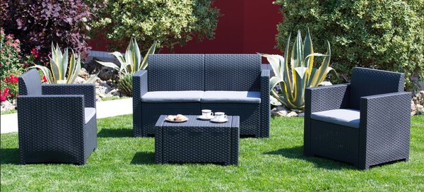 BICA Salotto da Giardino con Divano 2 Posti 2 Poltrone e Tavolino con Cuscini in Rattan PE colore Antracite - Nebraska 2