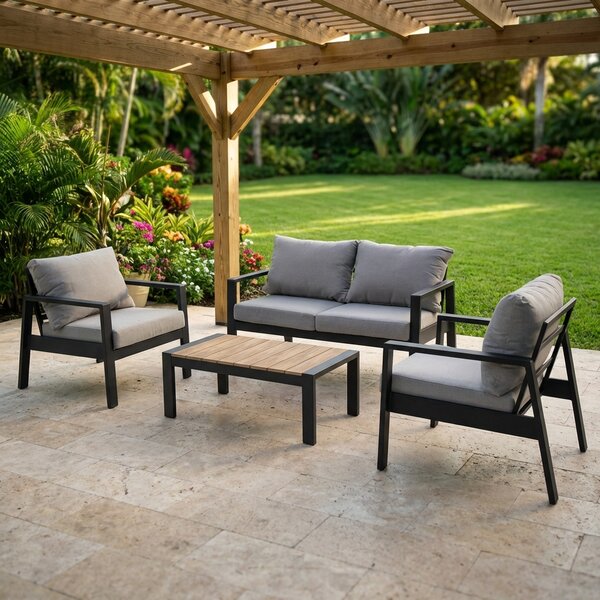 VivaGarden Salotto da Giardino con Divano 2 Posti 2 Poltrone e Tavolino con Cuscini in Polywood e Poliestere colore Grigio Chiaro e Antracite