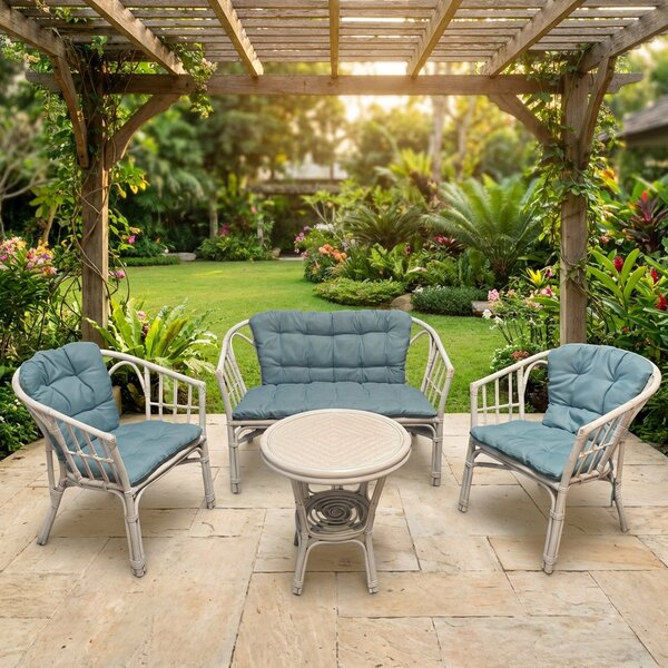 VivaGarden Salotto da Giardino con Divano 2 Posti 2 Poltrone e Tavolino con Cuscini in Rattan colore Bianco