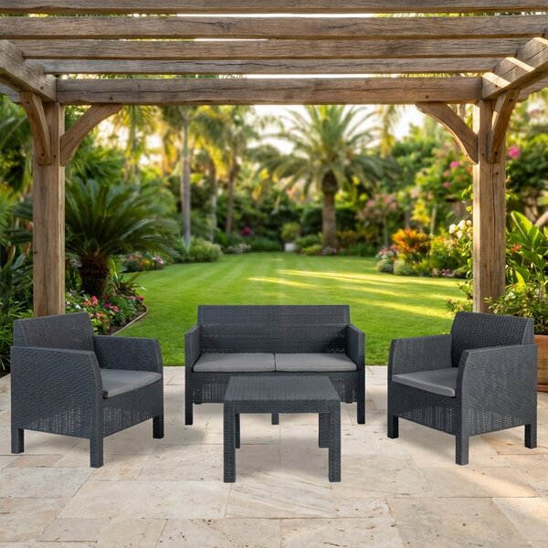 TOOMAX Salotto da Giardino con Divano 2 Posti 2 Poltrone e Tavolino con Cuscini in Rattan PE colore Antracite - Matilde