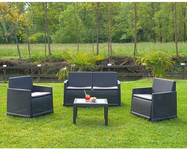 IPAE PROGARDEN Salotto da Giardino con Divano 2 Posti 2 Poltrone e Tavolino con Cuscini in Rattan PE colore Antracite - Iseo
