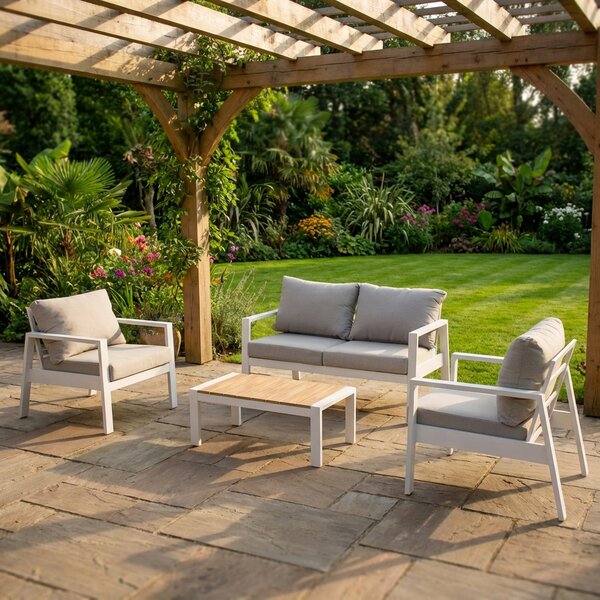 VivaGarden Salotto da Giardino con Divano 2 Posti 2 Poltrone e Tavolino con Cuscini in Polywood e Poliestere colore Grigio Chiaro e Bianco