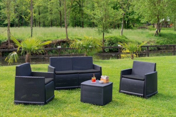 IPAE PROGARDEN Salotto da Giardino con Divano 2 Posti 2 Poltrone e Tavolino con Cuscini in Rattan PE colore Antracite - Como