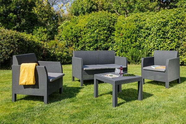 TOOMAX Salotto da Giardino con Divano 2 Posti 2 Poltrone e Tavolino con Cuscini in Rattan PE colore Antracite - Matilde