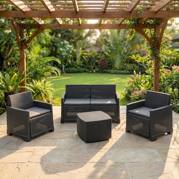 IPAE PROGARDEN Salotto da Giardino con Divano 2 Posti 2 Poltrone e Tavolino con Cuscini in Rattan PE colore Antracite - Como
