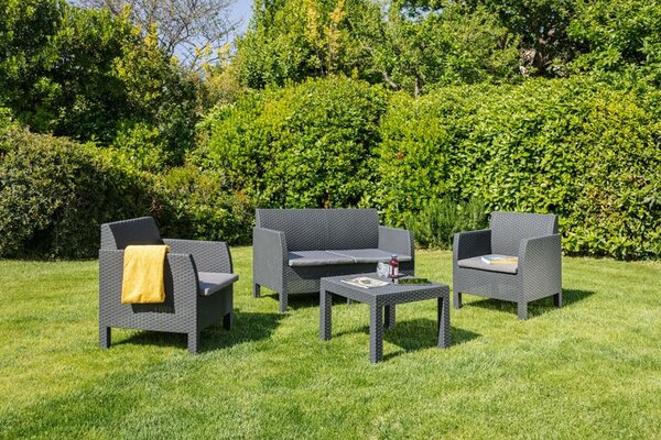 TOOMAX Salotto da Giardino con Divano 2 Posti 2 Poltrone e Tavolino con Cuscini in Rattan PE colore Antracite - Matilde