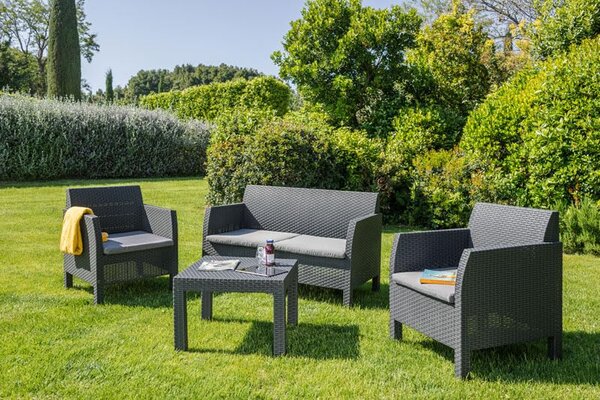 TOOMAX Salotto da Giardino con Divano 2 Posti 2 Poltrone e Tavolino con Cuscini in Rattan PE colore Antracite - Matilde