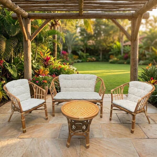 VivaGarden Salotto da Giardino con Divano 2 Posti 2 Poltrone e Tavolino con Cuscini in Rattan colore Miele